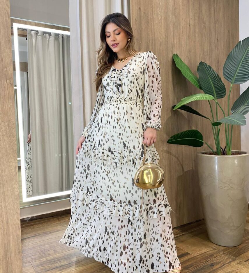 Vestido Longo sem Bojo Manga Longa em Tule com Babado Off Popcorn - Fernanda Ramos Store