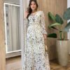 Vestido Longo sem Bojo Manga Longa em Tule com Babado Off Popcorn - Fernanda Ramos Store