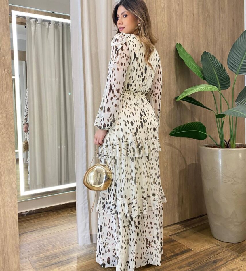Vestido Longo sem Bojo Manga Longa em Tule com Babado Off Popcorn - Fernanda Ramos Store