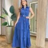 Vestido Longo sem Bojo Olívia Cavado com Botões e Cinto Azul - Fernanda Ramos Store