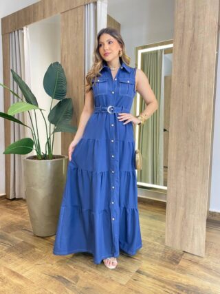 Vestido Longo sem Bojo Olívia Cavado com Botões e Cinto Azul - Fernanda Ramos Store
