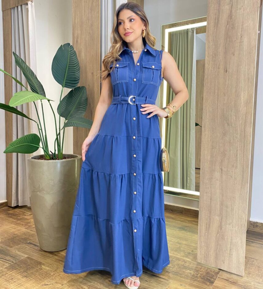 Vestido Longo sem Bojo Olívia Cavado com Botões e Cinto Azul - Fernanda Ramos Store