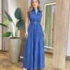 Vestido Longo sem Bojo Olívia Cavado com Botões e Cinto Azul - Fernanda Ramos Store