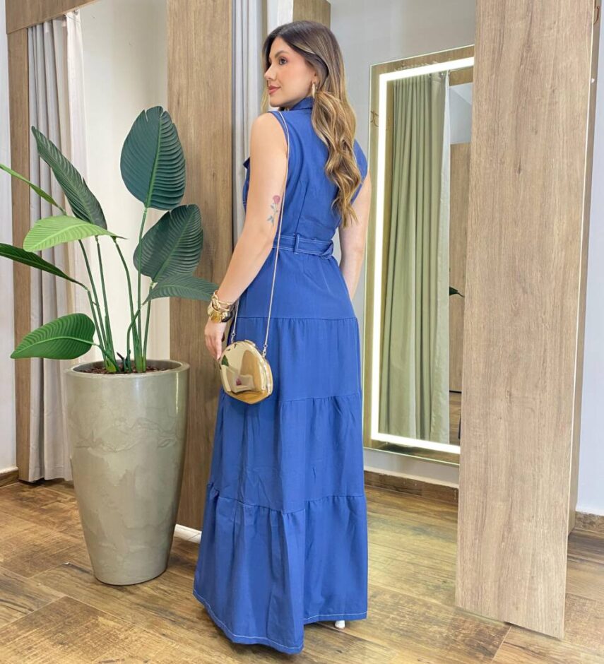 Vestido Longo sem Bojo Olívia Cavado com Botões e Cinto Azul - Fernanda Ramos Store
