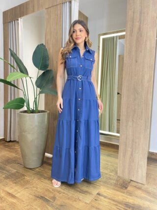 Vestido Longo sem Bojo Olívia Cavado com Botões e Cinto Azul - Fernanda Ramos Store
