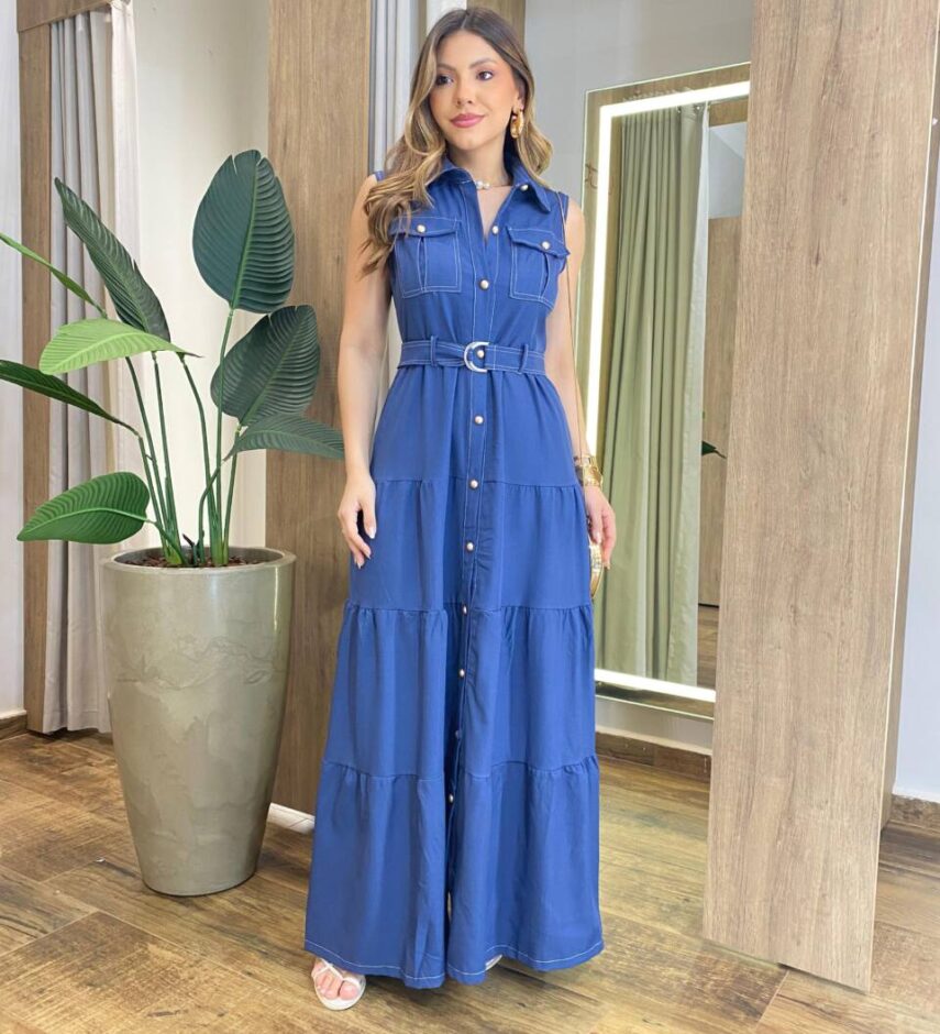 Vestido Longo sem Bojo Olívia Cavado com Botões e Cinto Azul - Fernanda Ramos Store