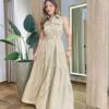 Vestido Longo sem Bojo Olívia Cavado com Botões e Cinto Bege - Fernanda Ramos Store