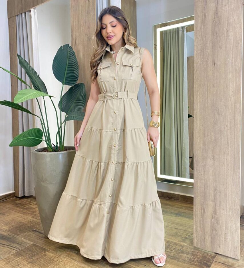 Vestido Longo sem Bojo Olívia Cavado com Botões e Cinto Bege - Fernanda Ramos Store