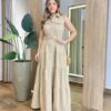 Vestido Longo sem Bojo Olívia Cavado com Botões e Cinto Bege - Fernanda Ramos Store