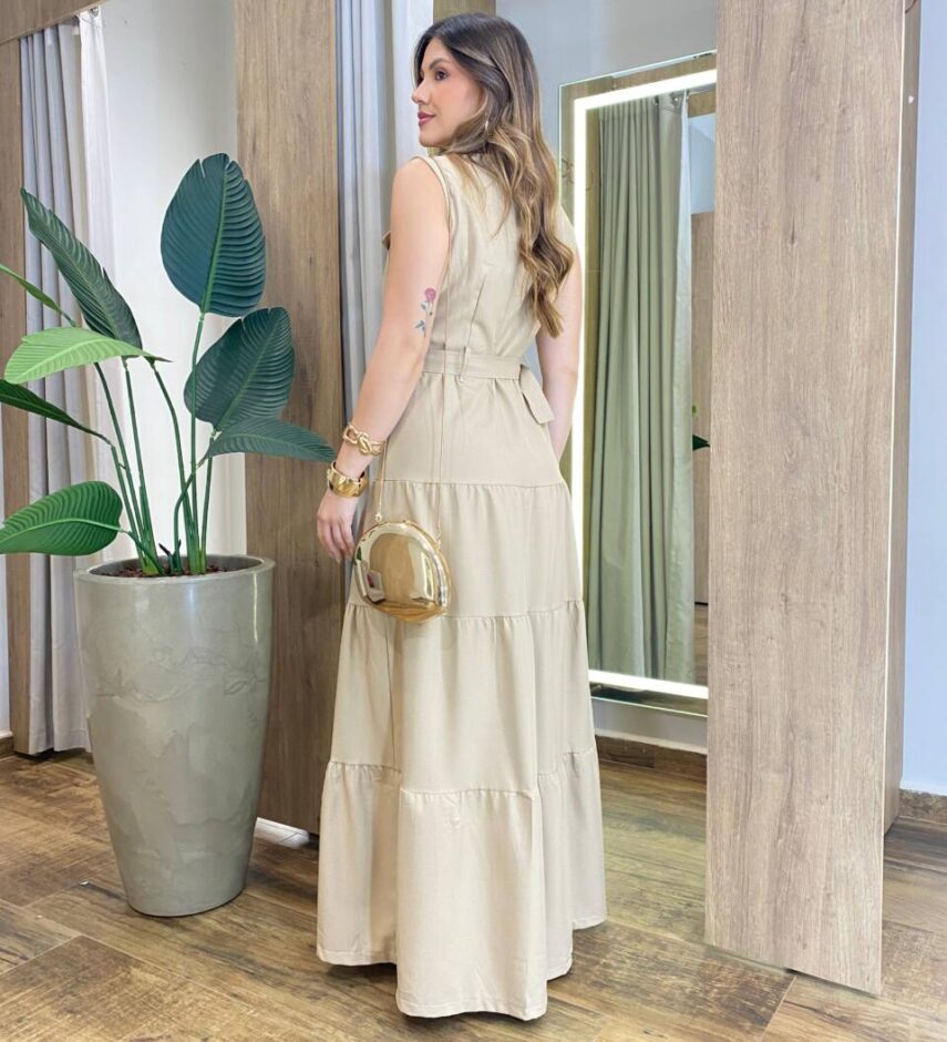 Vestido Longo sem Bojo Olívia Cavado com Botões e Cinto Bege - Fernanda Ramos Store