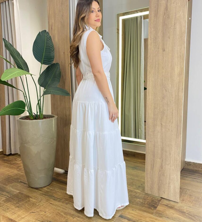 Vestido Longo sem Bojo Olívia Cavado com Botões e Cinto Off White - Fernanda Ramos Store