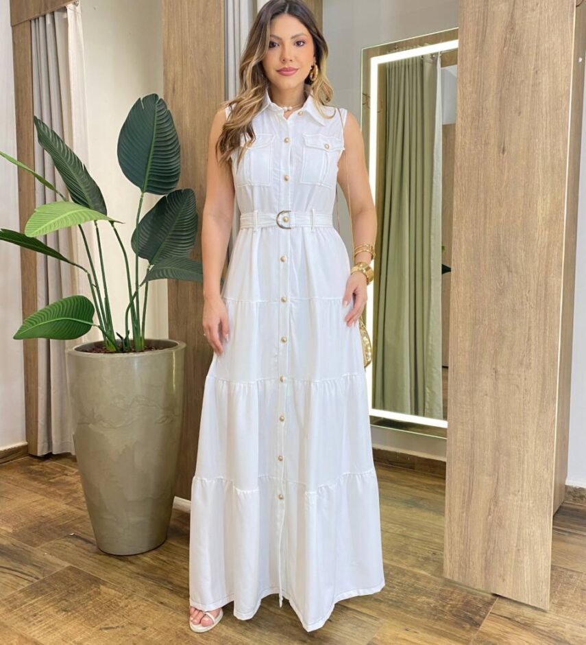 Vestido Longo sem Bojo Olívia Cavado com Botões e Cinto Off White - Fernanda Ramos Store