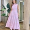 Vestido Longo sem Bojo Olívia Cavado com Botões e Cinto Rosa Bebê - Fernanda Ramos Store