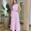 Vestido Longo sem Bojo Olívia Cavado com Botões e Cinto Rosa Bebê - Fernanda Ramos Store