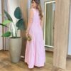 Vestido Longo sem Bojo Olívia Cavado com Botões e Cinto Rosa Bebê - Fernanda Ramos Store