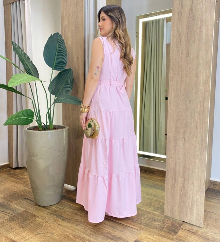 Vestido Longo sem Bojo Olívia Cavado com Botões e Cinto Rosa Bebê - Fernanda Ramos Store