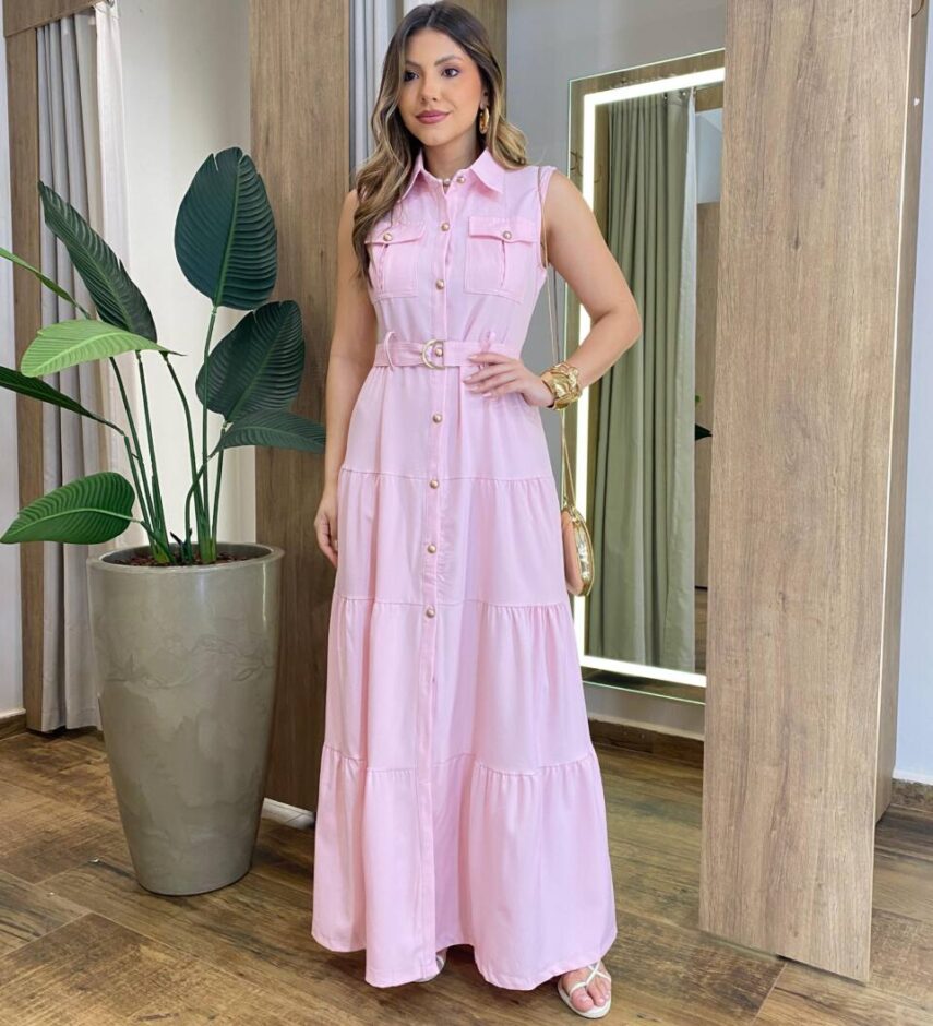 Vestido Longo sem Bojo Olívia Cavado com Botões e Cinto Rosa Bebê - Fernanda Ramos Store