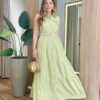 Vestido Longo sem Bojo Olívia Cavado com Botões e Cinto Verde Abacate - Fernanda Ramos Store