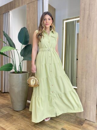 Vestido Longo sem Bojo Olívia Cavado com Botões e Cinto Verde Abacate - Fernanda Ramos Store
