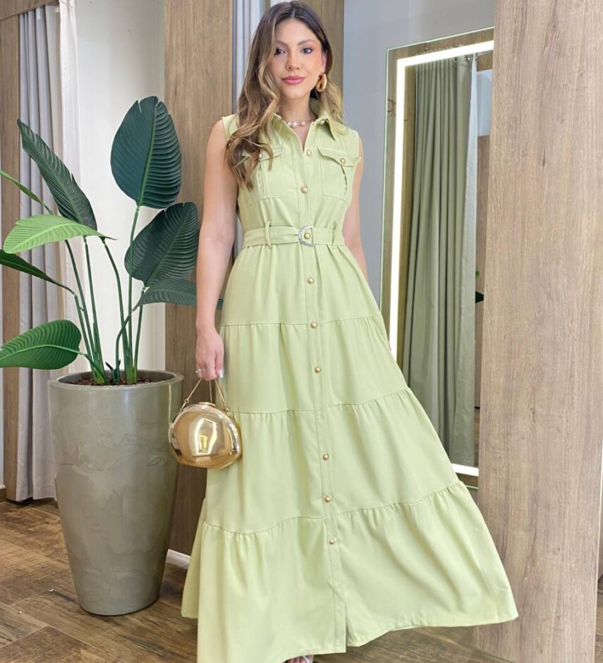 Vestido Longo sem Bojo Olívia Cavado com Botões e Cinto Verde Abacate - Fernanda Ramos Store