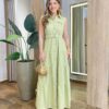 Vestido Longo sem Bojo Olívia Cavado com Botões e Cinto Verde Abacate - Fernanda Ramos Store