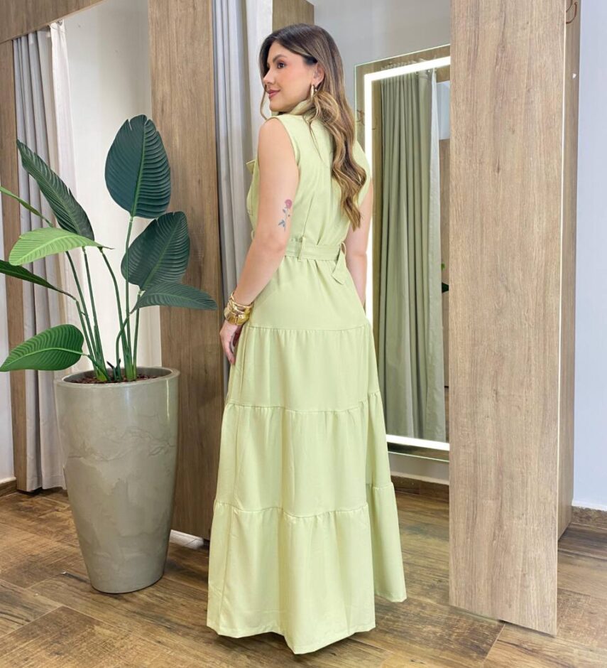 Vestido Longo sem Bojo Olívia Cavado com Botões e Cinto Verde Abacate - Fernanda Ramos Store