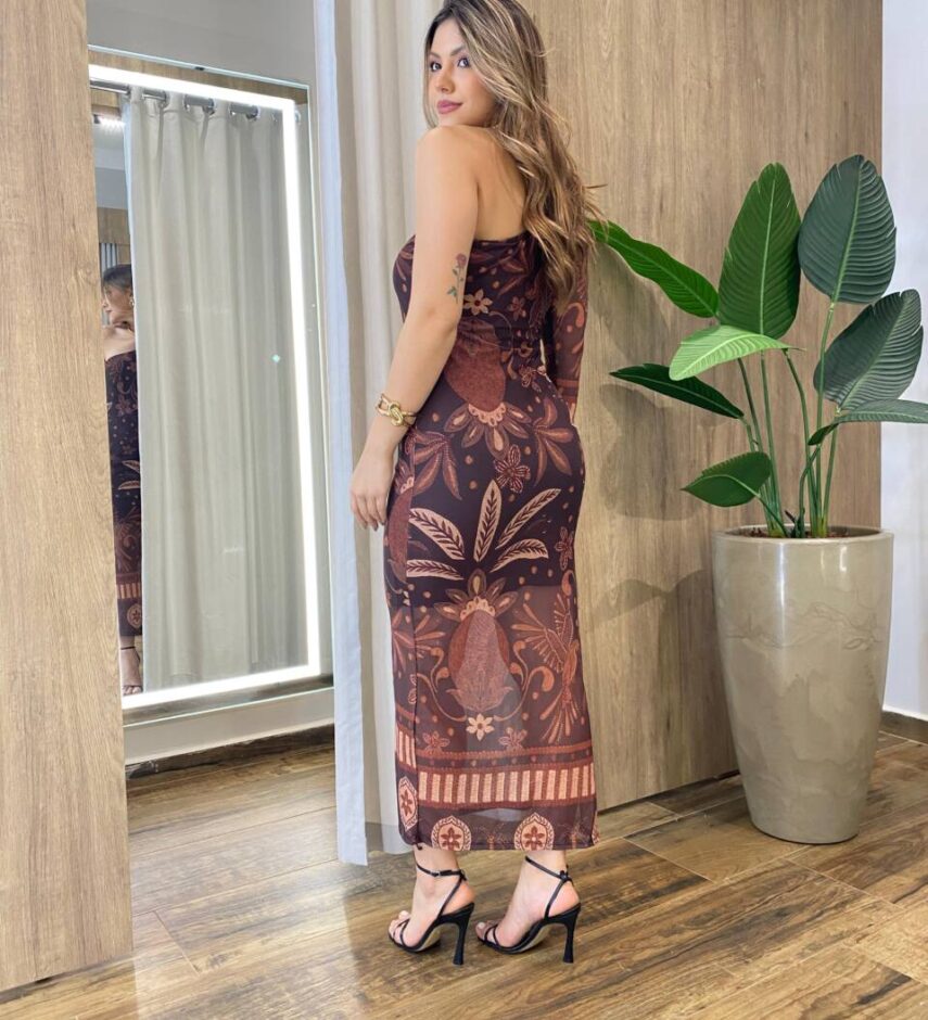 Vestido Midi Ana em Tule sem Bojo Nula Manga Estampado Marrom - Fernanda Ramos Store
