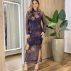 Vestido Midi Bruna de Tule sem Bojo Manga Longa Estampa Flor-Seda - Fernanda Ramos Store