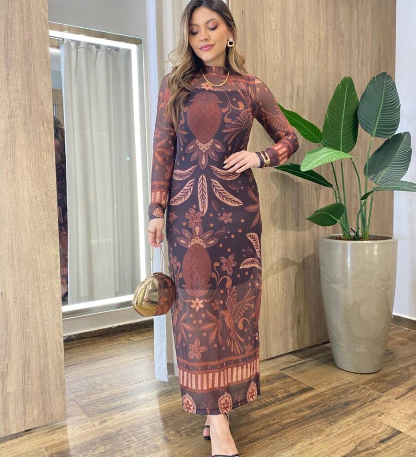 Vestido Midi Bruna de Tule sem Bojo Manga Longa Estampa Pássaros - Fernanda Ramos Store