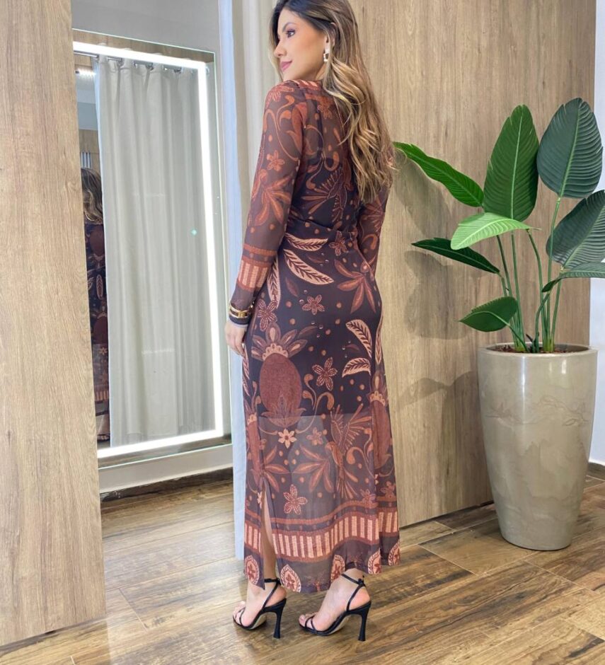 Vestido Midi Bruna de Tule sem Bojo Manga Longa Estampa Pássaros - Fernanda Ramos Store