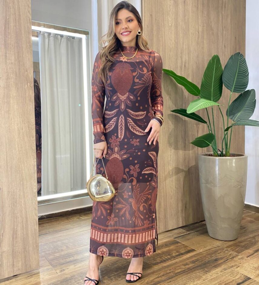 Vestido Midi Bruna de Tule sem Bojo Manga Longa Estampa Pássaros - Fernanda Ramos Store