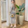Vestido Midi Bruna Tule sem Bojo Manga Longa Estampa Floral Verde - Fernanda Ramos Store