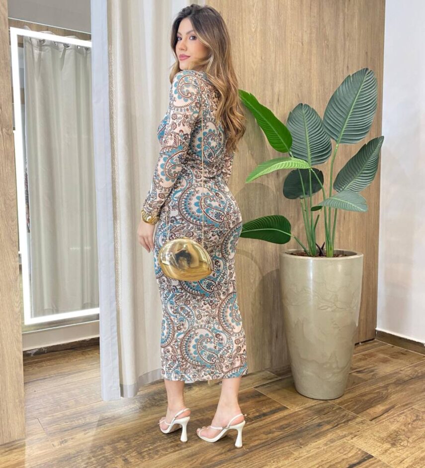 Vestido Midi Bruna Tule sem Bojo Manga Longa Estampa Floral Verde - Fernanda Ramos Store