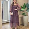 Vestido Midi Ester Tule sem Bojo Manga Longa em Camadas Poá Marrom - Fernanda Ramos Store