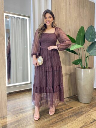 Vestido Midi Ester Tule sem Bojo Manga Longa em Camadas Poá Marrom - Fernanda Ramos Store