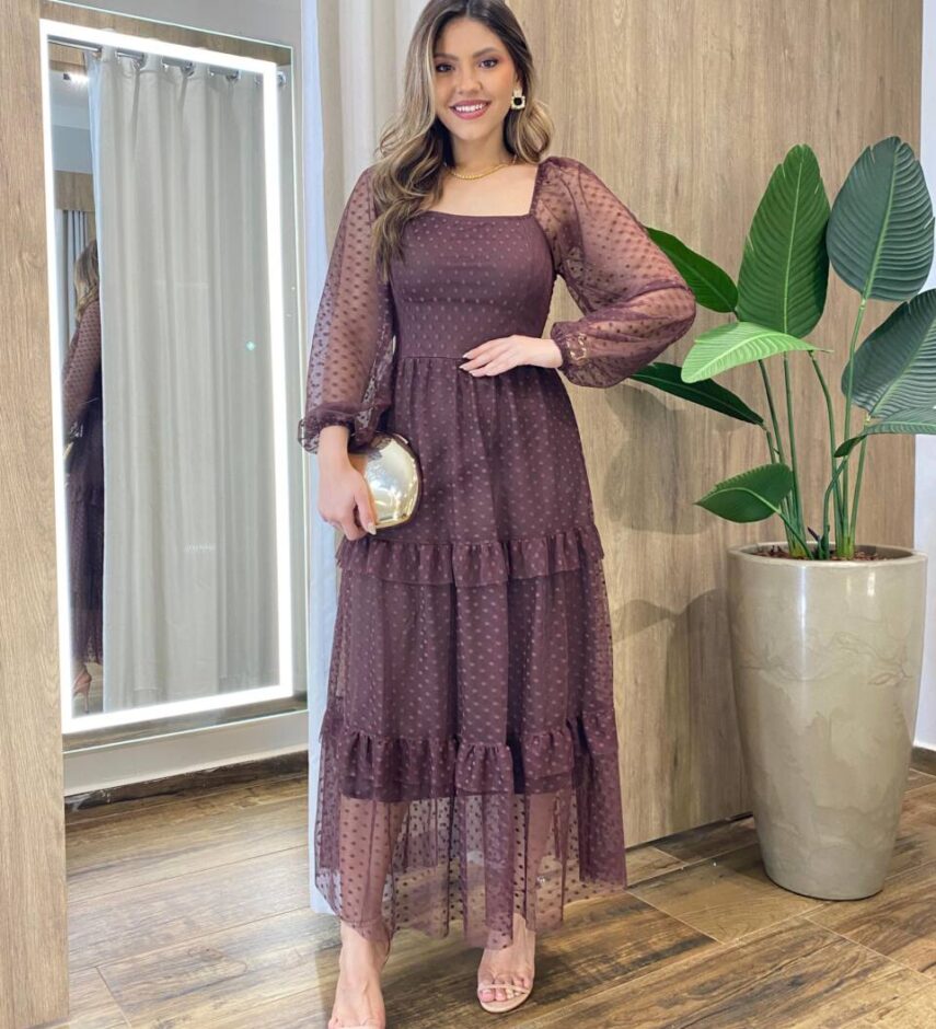 Vestido Midi Ester Tule sem Bojo Manga Longa em Camadas Poá Marrom - Fernanda Ramos Store