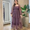 Vestido Midi Ester Tule sem Bojo Manga Longa em Camadas Poá Marrom - Fernanda Ramos Store