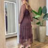 Vestido Midi Ester Tule sem Bojo Manga Longa em Camadas Poá Marrom - Fernanda Ramos Store