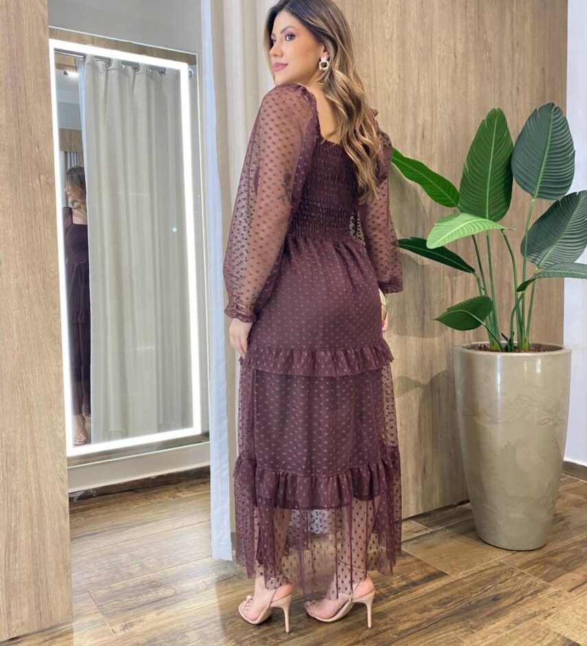 Vestido Midi Ester Tule sem Bojo Manga Longa em Camadas Poá Marrom - Fernanda Ramos Store