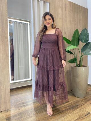 Vestido Midi Ester Tule sem Bojo Manga Longa em Camadas Poá Marrom - Fernanda Ramos Store