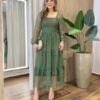 Vestido Midi Ester Tule sem Bojo Manga Longa em Camadas Poá Verde - Fernanda Ramos Store