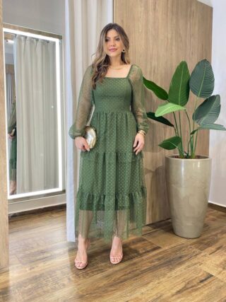 Vestido Midi Ester Tule sem Bojo Manga Longa em Camadas Poá Verde - Fernanda Ramos Store