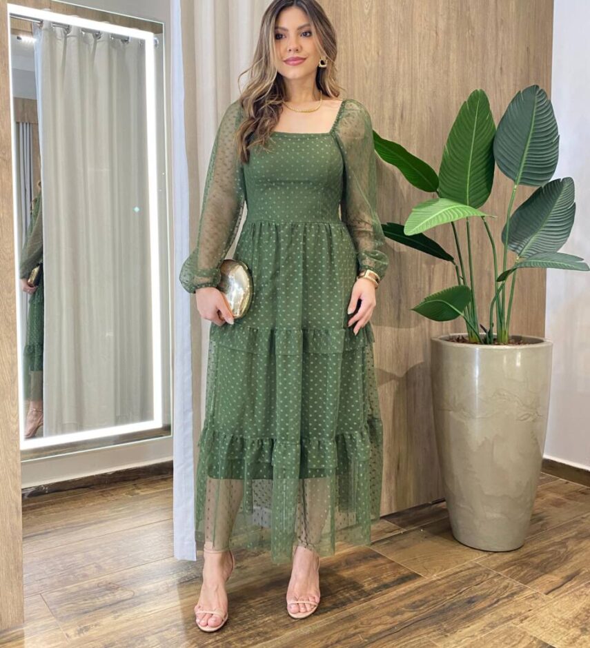 Vestido Midi Ester Tule sem Bojo Manga Longa em Camadas Poá Verde - Fernanda Ramos Store