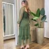 Vestido Midi Ester Tule sem Bojo Manga Longa em Camadas Poá Verde - Fernanda Ramos Store