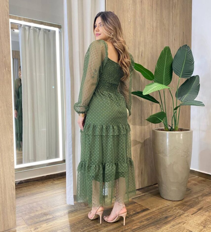 Vestido Midi Ester Tule sem Bojo Manga Longa em Camadas Poá Verde - Fernanda Ramos Store