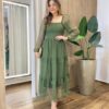 Vestido Midi Ester Tule sem Bojo Manga Longa em Camadas Poá Verde - Fernanda Ramos Store
