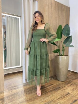 Vestido Midi Ester Tule sem Bojo Manga Longa em Camadas Poá Verde - Fernanda Ramos Store