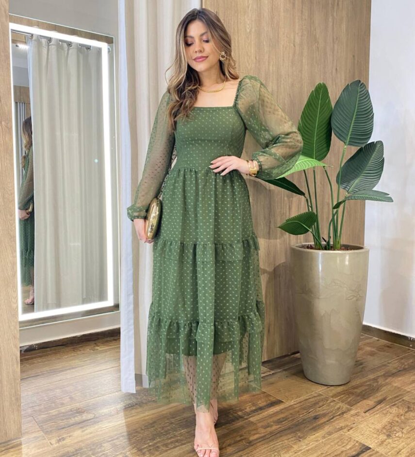 Vestido Midi Ester Tule sem Bojo Manga Longa em Camadas Poá Verde - Fernanda Ramos Store
