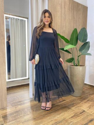Vestido Midi Ester Tule sem Bojo Manga Longa em Camadas Preto - Fernanda Ramos Store
