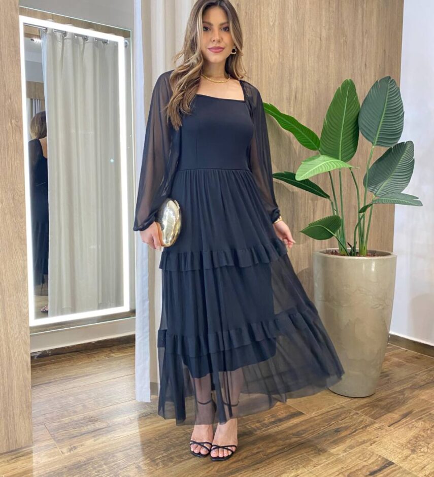 Vestido Midi Ester Tule sem Bojo Manga Longa em Camadas Preto - Fernanda Ramos Store